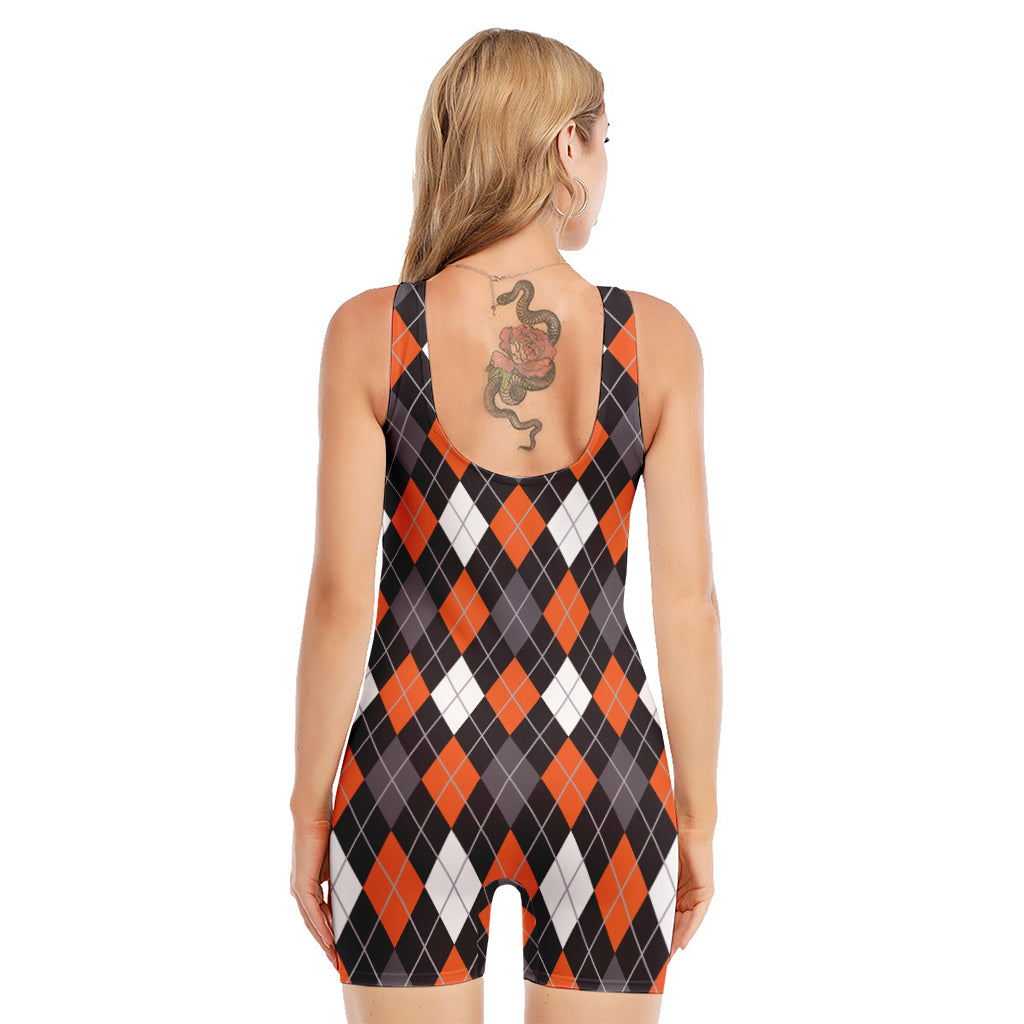 Halloween Argyle Pattern Print Sleeveless One Piece Swimsuit