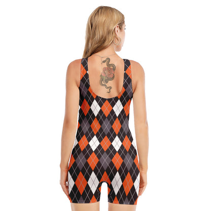 Halloween Argyle Pattern Print Sleeveless One Piece Swimsuit