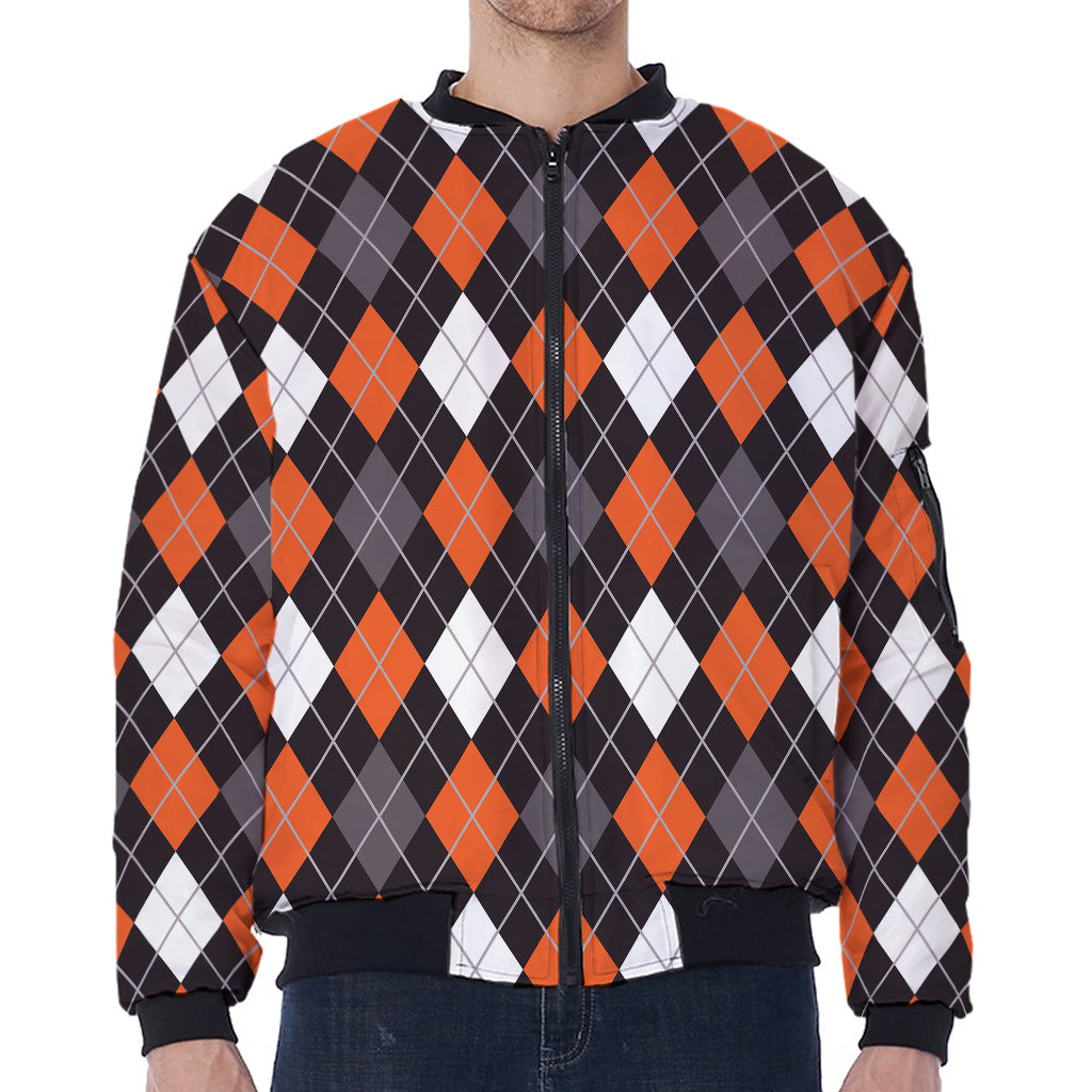 Halloween Argyle Pattern Print Zip Sleeve Bomber Jacket