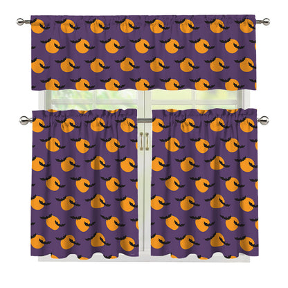 Halloween Bat And Moon Pattern Print 3 Piece Kitchen Curtains