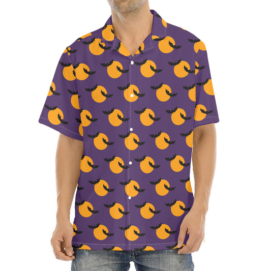 Halloween Bat And Moon Pattern Print Aloha Shirt