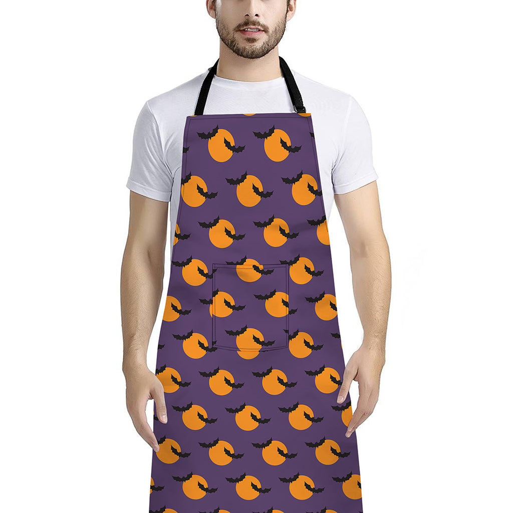 Halloween Bat And Moon Pattern Print Bib Apron With Pocket