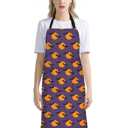 Halloween Bat And Moon Pattern Print Bib Apron With Pocket