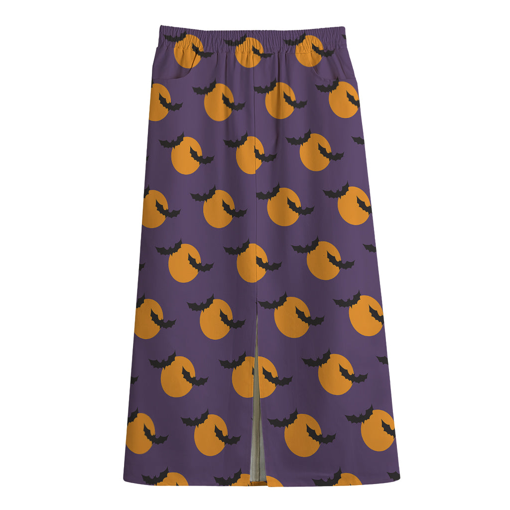 Halloween Bat And Moon Pattern Print Cotton Front Slit Maxi Skirt