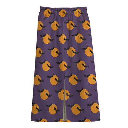 Halloween Bat And Moon Pattern Print Cotton Front Slit Maxi Skirt