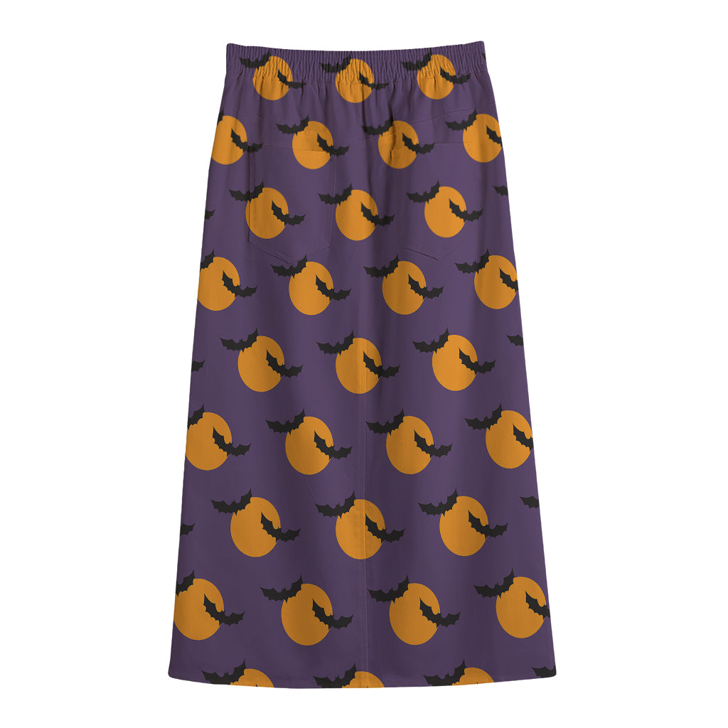 Halloween Bat And Moon Pattern Print Cotton Front Slit Maxi Skirt