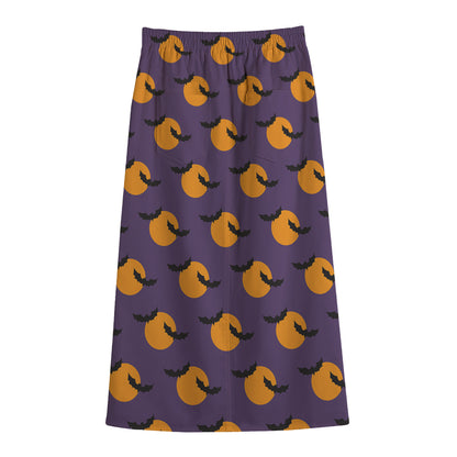 Halloween Bat And Moon Pattern Print Cotton Front Slit Maxi Skirt