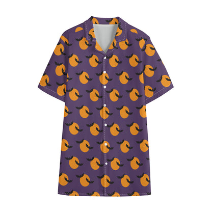 Halloween Bat And Moon Pattern Print Cotton Hawaiian Shirt