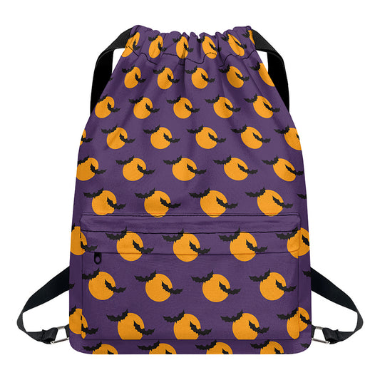 Halloween Bat And Moon Pattern Print Drawstring Backpack