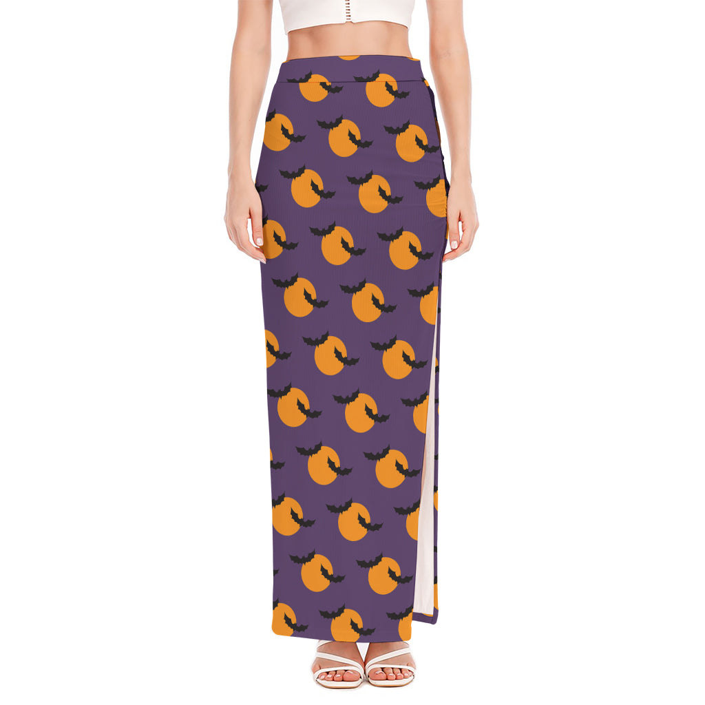 Halloween Bat And Moon Pattern Print High Slit Maxi Skirt