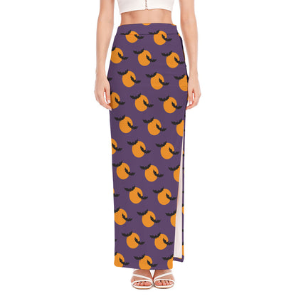 Halloween Bat And Moon Pattern Print High Slit Maxi Skirt
