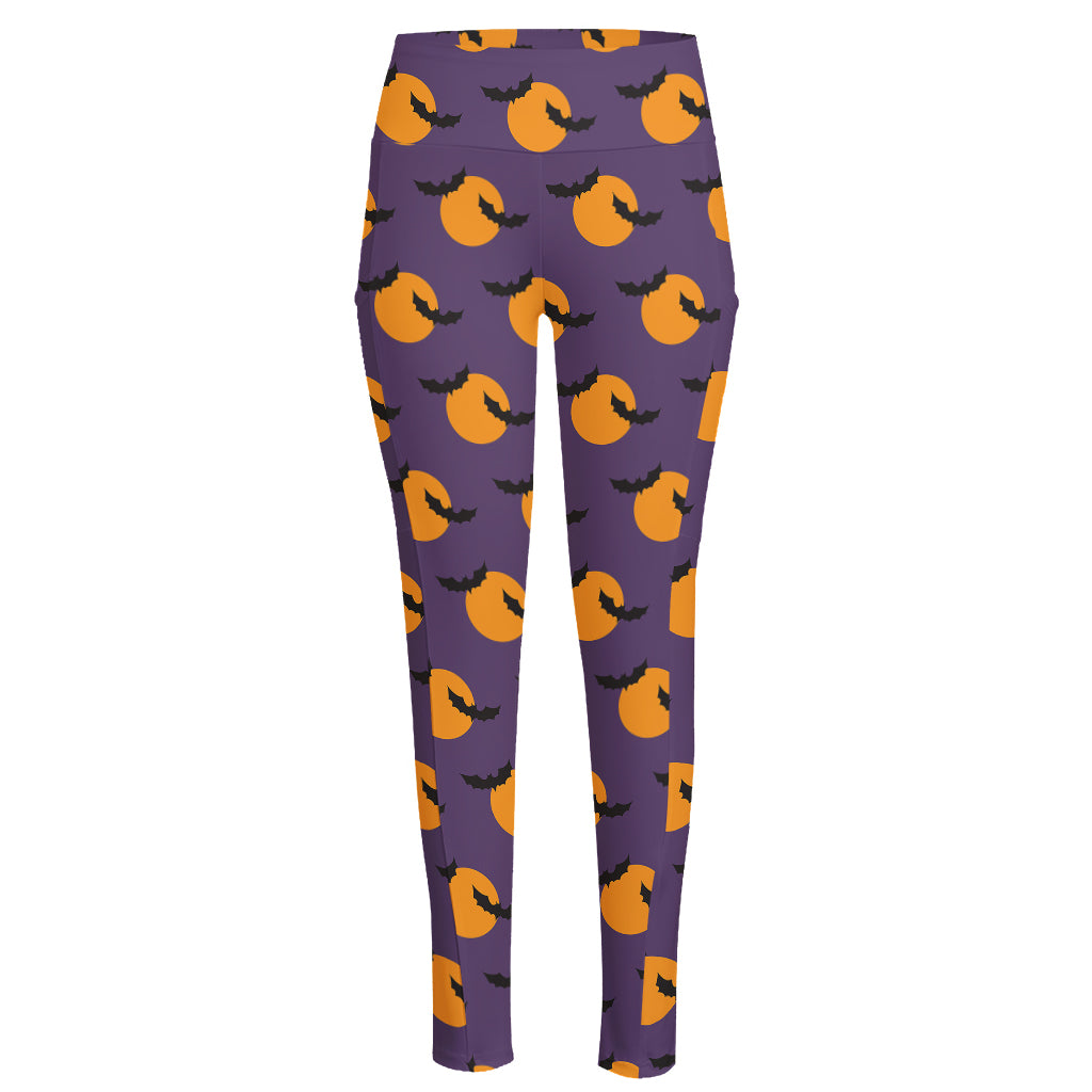 Halloween Bat And Moon Pattern Print High-Waisted Pocket Leggings