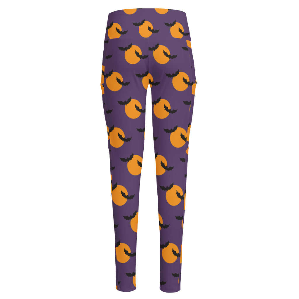 Halloween Bat And Moon Pattern Print High-Waisted Pocket Leggings