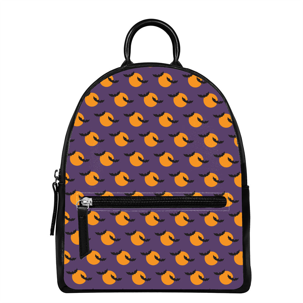 Halloween Bat And Moon Pattern Print Leather Backpack