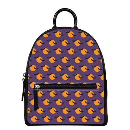 Halloween Bat And Moon Pattern Print Leather Backpack