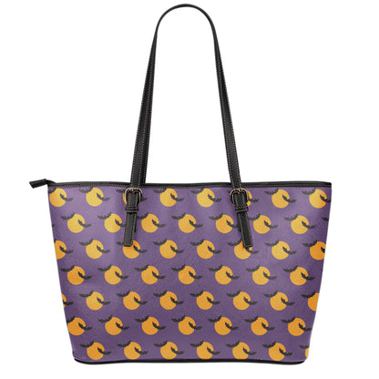 Halloween Bat And Moon Pattern Print Leather Tote Bag