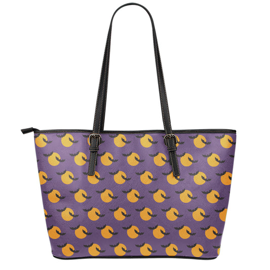 Halloween Bat And Moon Pattern Print Leather Tote Bag