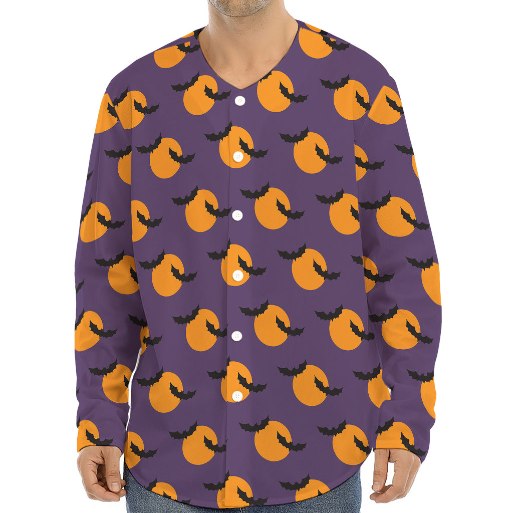 Halloween Bat And Moon Pattern Print Long Sleeve Baseball Jersey