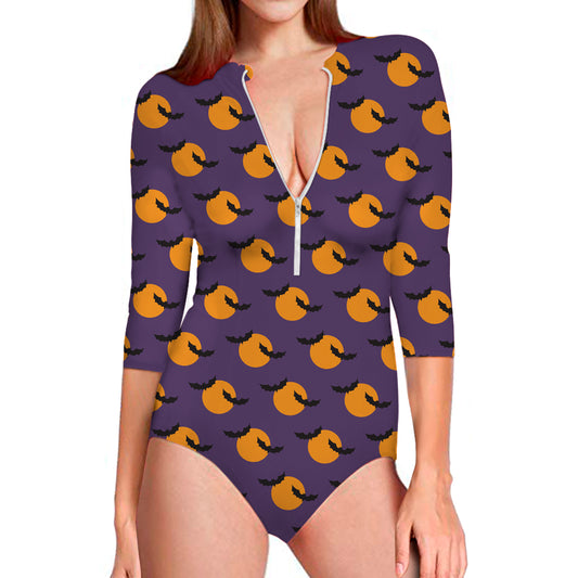 Halloween Bat And Moon Pattern Print Long Sleeve Swimsuit