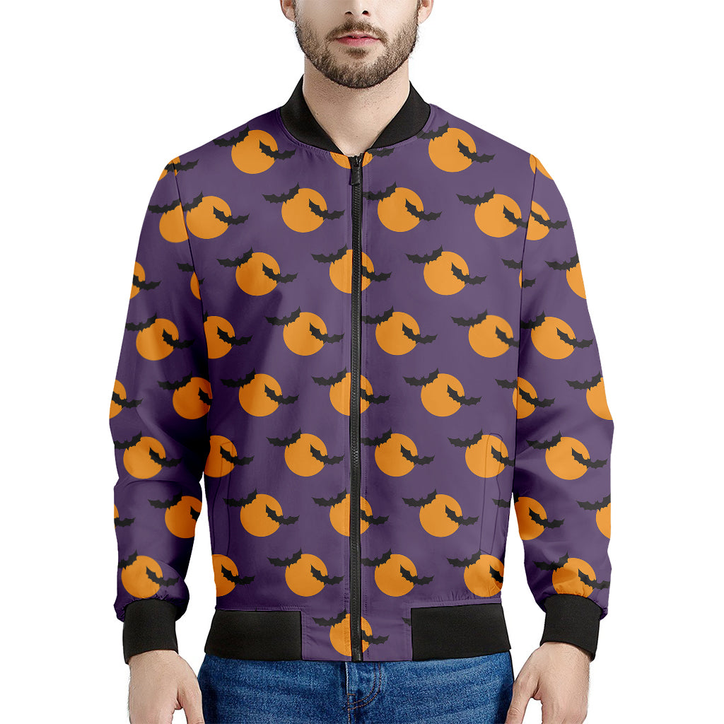 Halloween Bat And Moon Pattern Print Men's Bomber Jacket