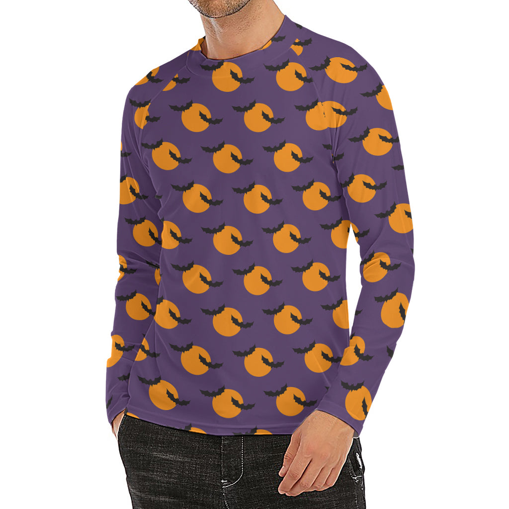 Halloween Bat And Moon Pattern Print Men's Long Sleeve Rash Guard