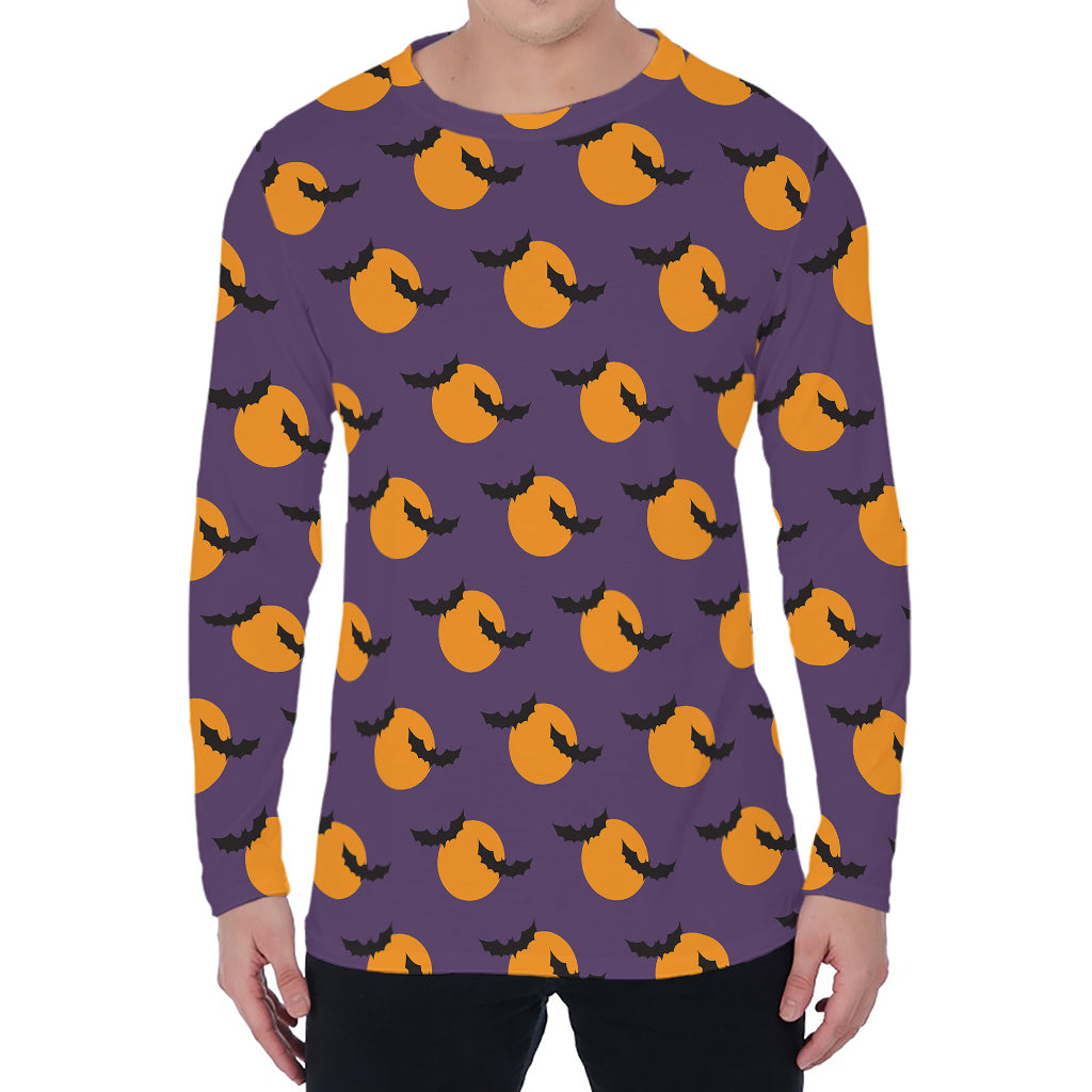 Halloween Bat And Moon Pattern Print Men's Long Sleeve T-Shirt