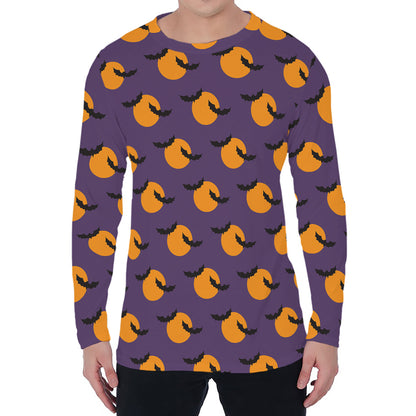 Halloween Bat And Moon Pattern Print Men's Long Sleeve T-Shirt