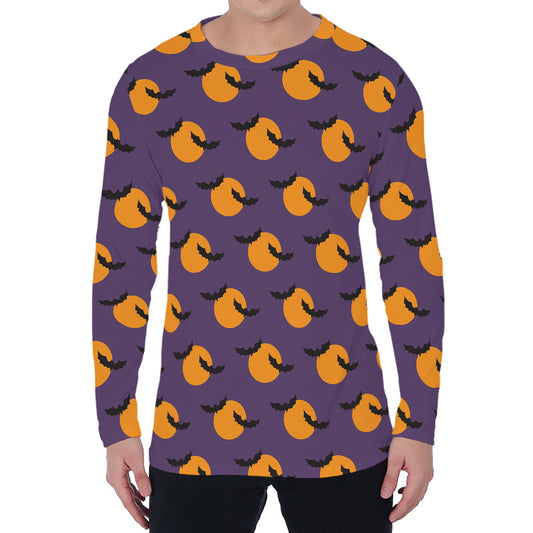 Halloween Bat And Moon Pattern Print Men's Long Sleeve T-Shirt