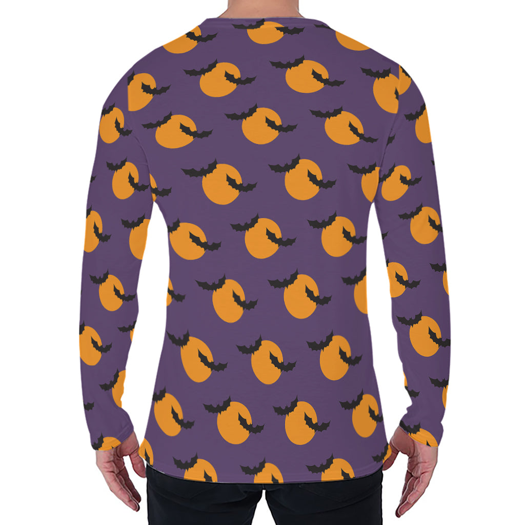 Halloween Bat And Moon Pattern Print Men's Long Sleeve T-Shirt
