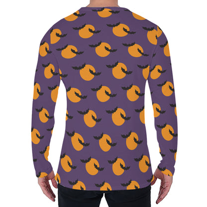 Halloween Bat And Moon Pattern Print Men's Long Sleeve T-Shirt