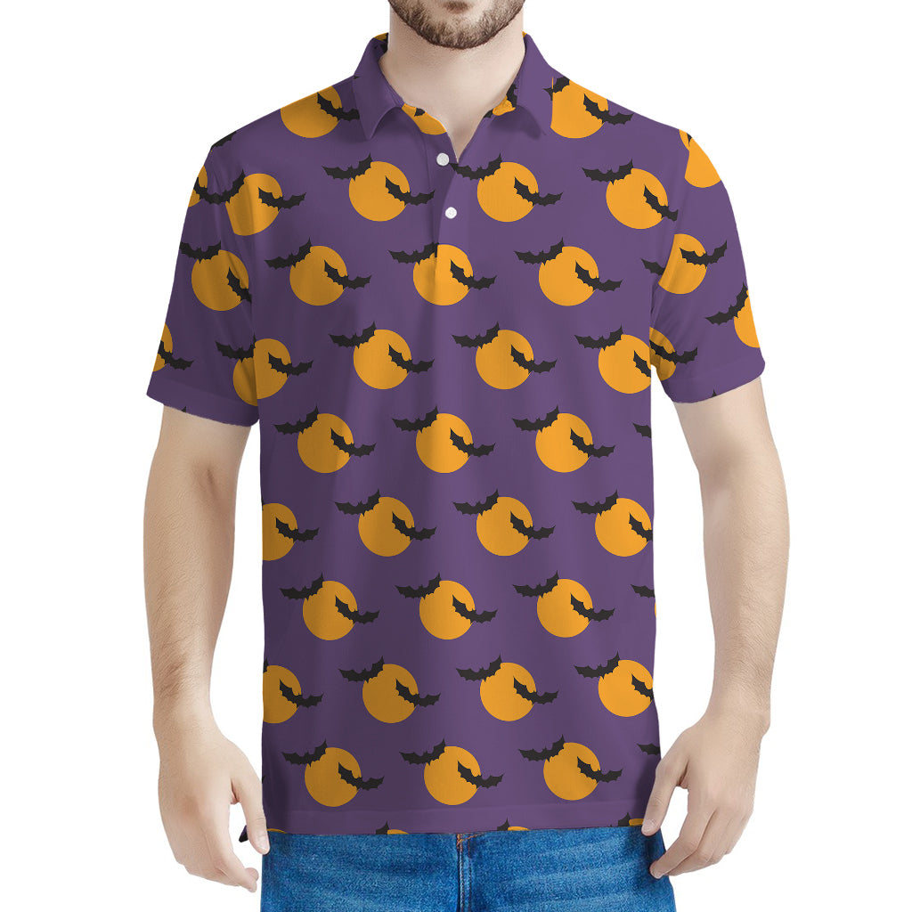 Halloween Bat And Moon Pattern Print Men's Polo Shirt