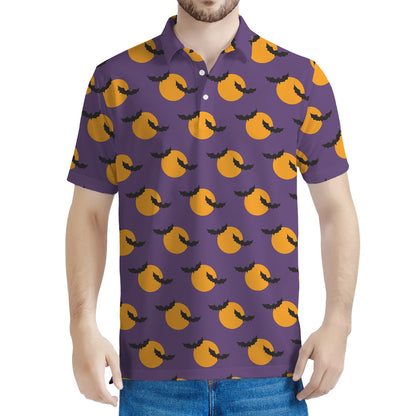 Halloween Bat And Moon Pattern Print Men's Polo Shirt
