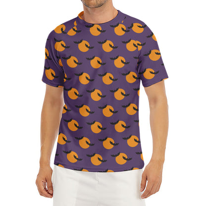 Halloween Bat And Moon Pattern Print Men's Short Sleeve Rash Guard
