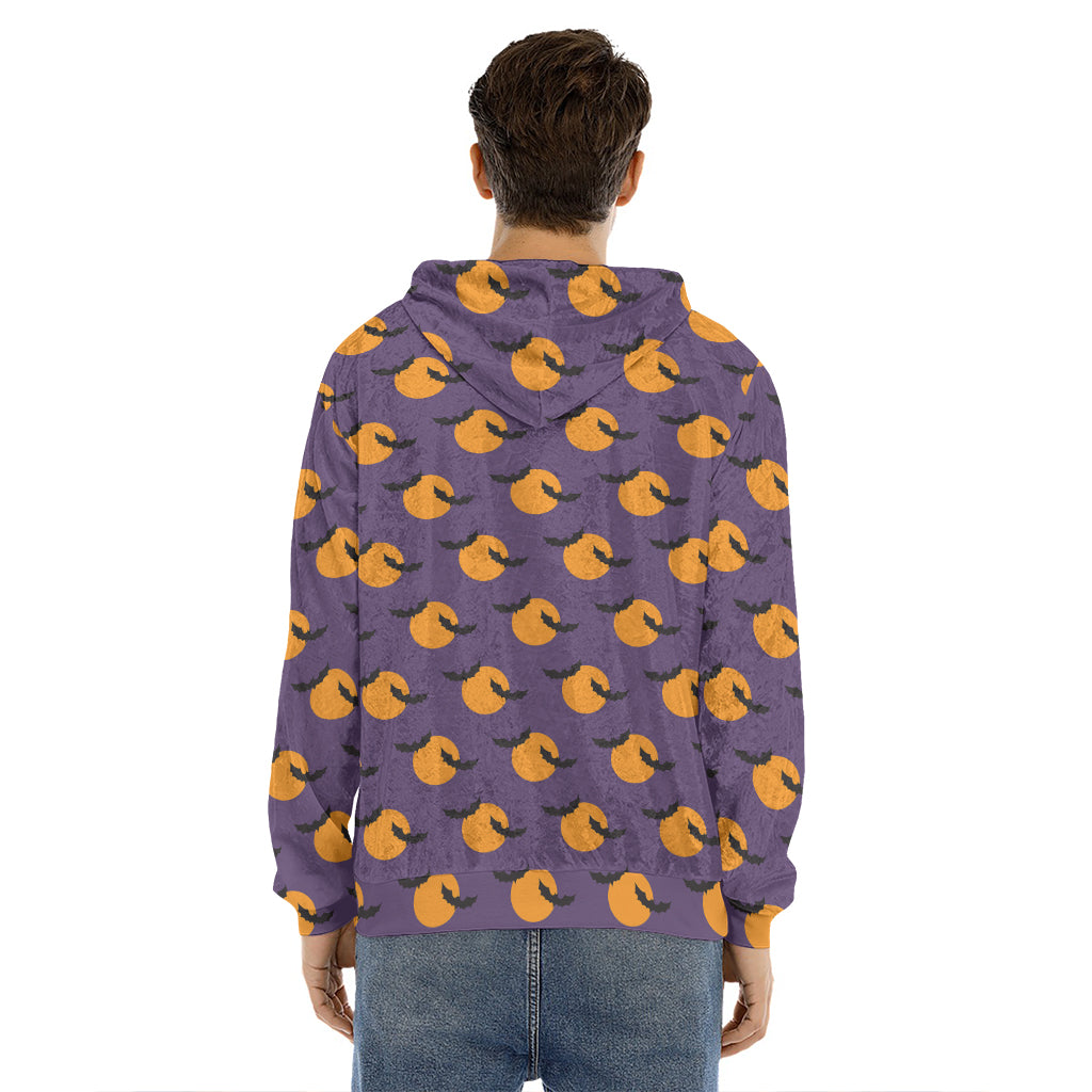 Halloween Bat And Moon Pattern Print Men's Velvet Pullover Hoodie