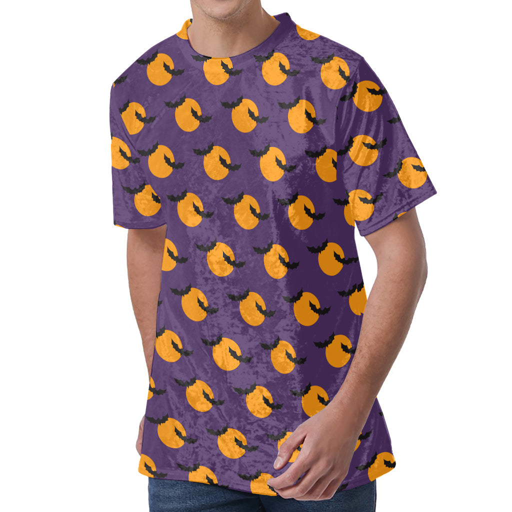 Halloween Bat And Moon Pattern Print Men's Velvet T-Shirt
