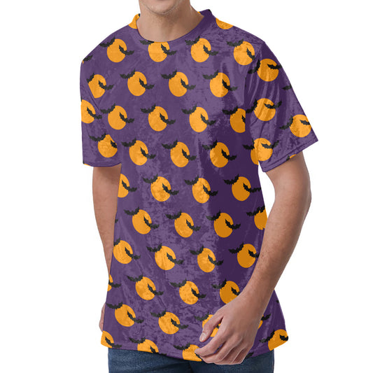 Halloween Bat And Moon Pattern Print Men's Velvet T-Shirt