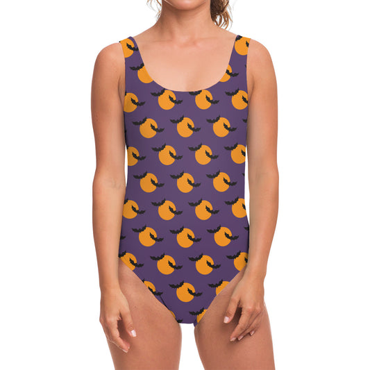 Halloween Bat And Moon Pattern Print One Piece Swimsuit