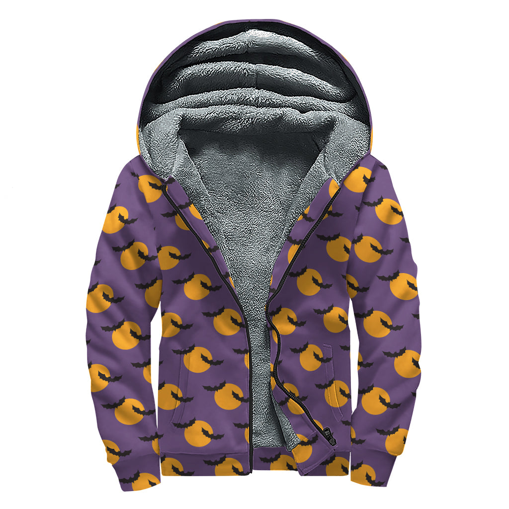 Halloween Bat And Moon Pattern Print Sherpa Lined Zip Up Hoodie