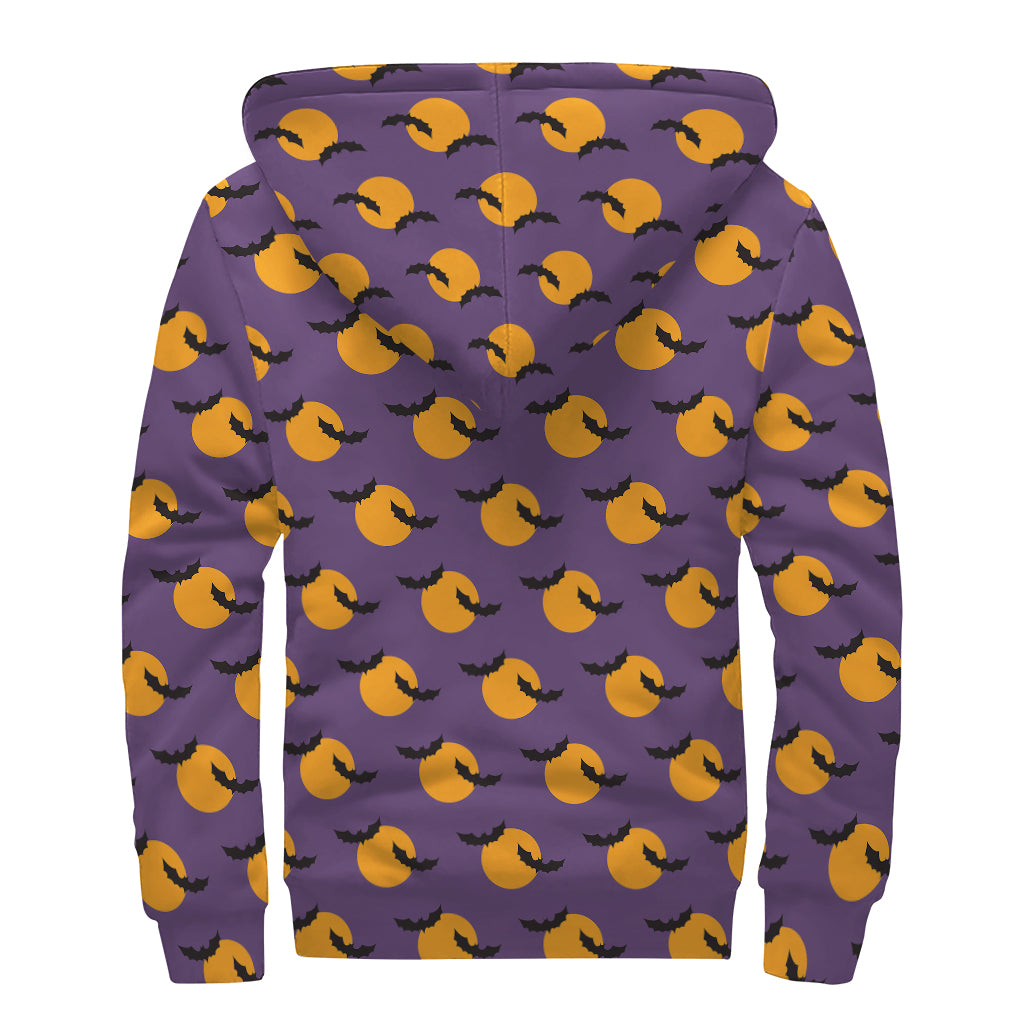 Halloween Bat And Moon Pattern Print Sherpa Lined Zip Up Hoodie