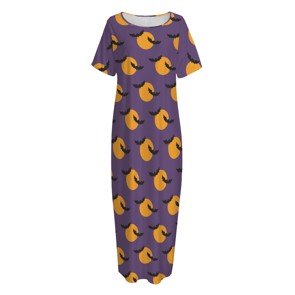 Halloween Bat And Moon Pattern Print Short Sleeve Long Nightdress