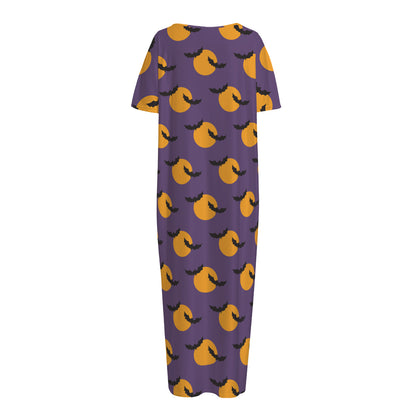 Halloween Bat And Moon Pattern Print Short Sleeve Long Nightdress