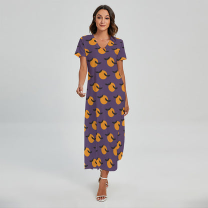 Halloween Bat And Moon Pattern Print Short Sleeve Maxi Dress
