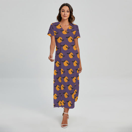 Halloween Bat And Moon Pattern Print Short Sleeve Maxi Dress