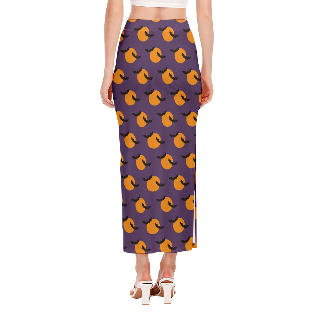 Halloween Bat And Moon Pattern Print Side Slit Maxi Skirt