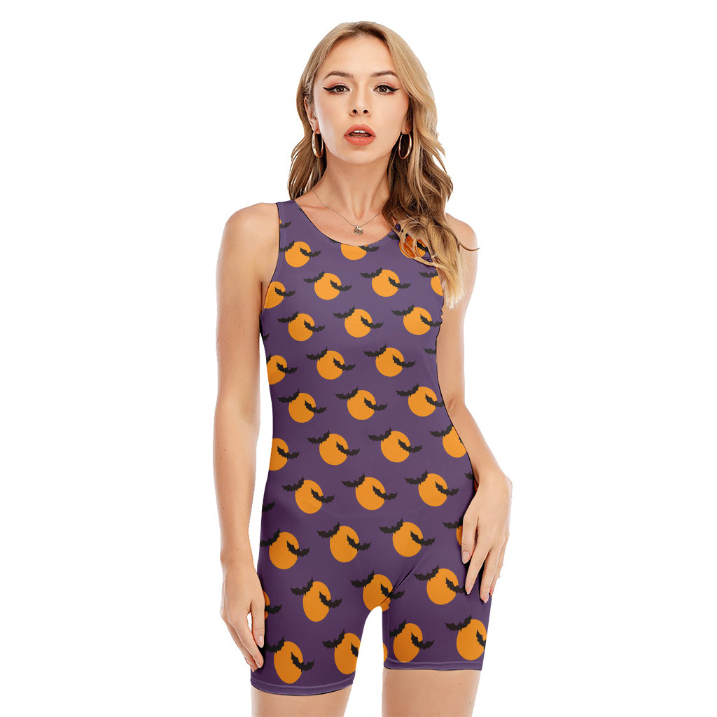 Halloween Bat And Moon Pattern Print Sleeveless One Piece Swimsuit