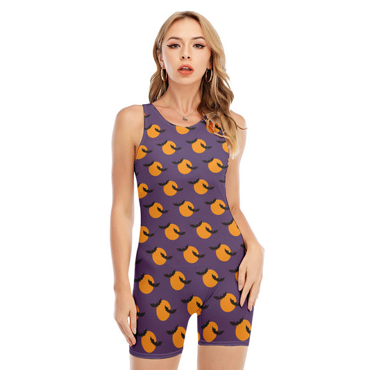 Halloween Bat And Moon Pattern Print Sleeveless One Piece Swimsuit