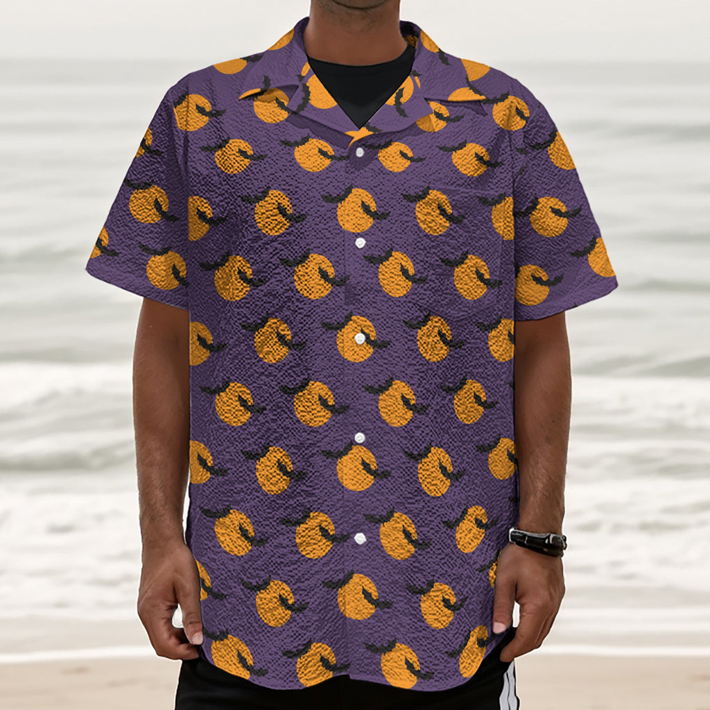 Halloween Bat And Moon Pattern Print Textured Short Sleeve Shirt