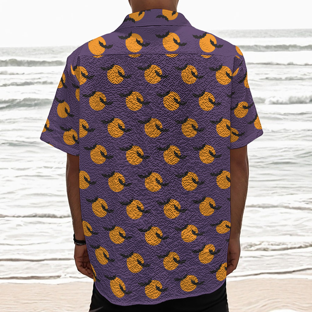 Halloween Bat And Moon Pattern Print Textured Short Sleeve Shirt
