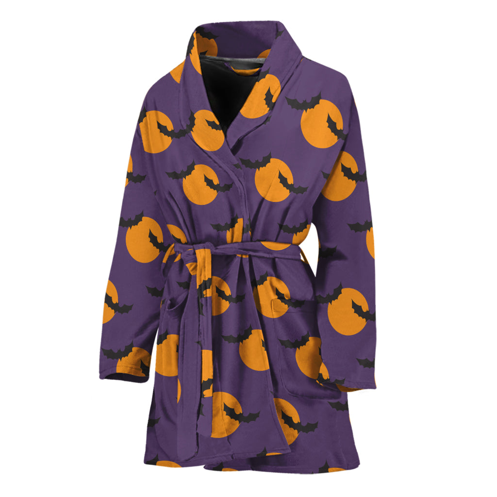 Halloween Bat And Moon Pattern Print Women's Bathrobe