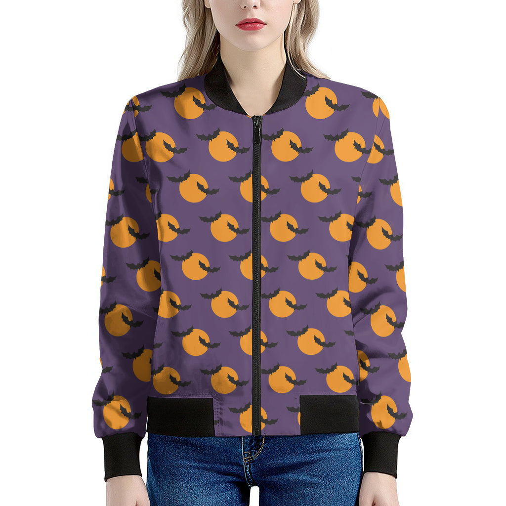 Halloween Bat And Moon Pattern Print Women's Bomber Jacket